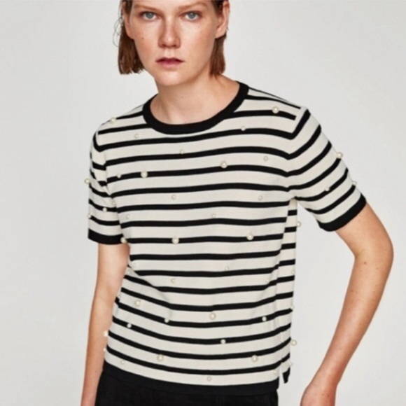 Zara Striped Black & White Sweater with Pearls - Picture 1 of 3